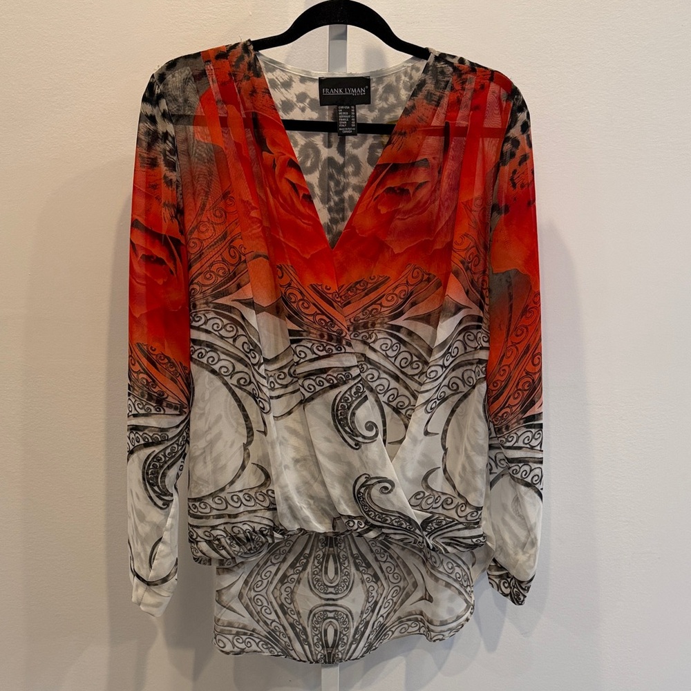 Frank Lyman Design Women's Size 16 Red Black Paisley Blouse Wrap High Low
